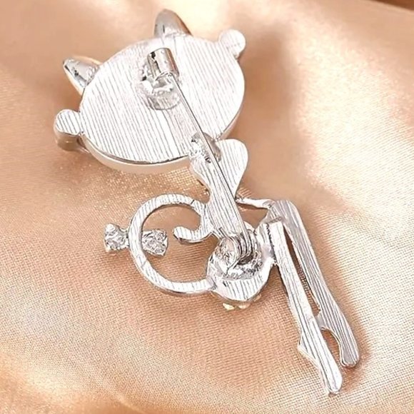 Brooch Cat w/ Glasses Opal Rhinestone Pin Stylish Kitty Green Eyes Diva Glamour - Picture 2 of 3
